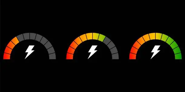 Vector illustration of Set of speedometer. Speed icon with lightning on black background. Set indicators, indicating quality, level, rating.
