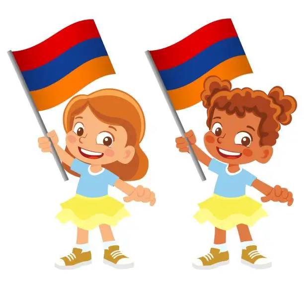 Vector illustration of Child holding armenia flag