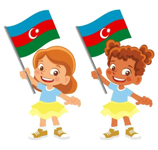 Vector illustration of Child holding Azerbaijan flag