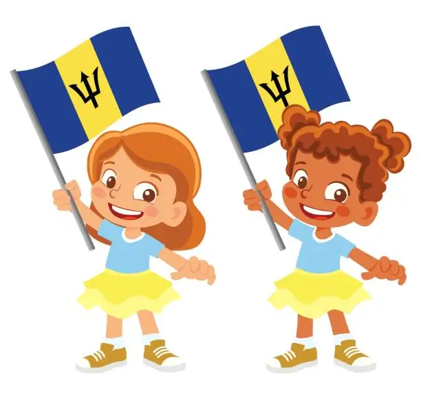 Vector illustration of Child holding Barbados flag