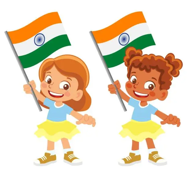 Vector illustration of Child holding India flag