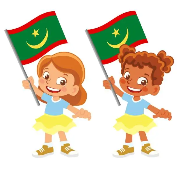 Vector illustration of Child holding Mauritania flag