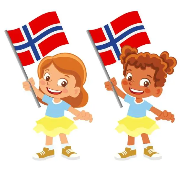 Vector illustration of Child holding Norway flag