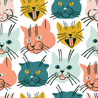 Seamless pattern with cats faces. Funny and bright vector illustration with cats characters. Kids fashion fabric design.