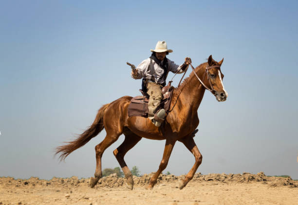 istock Man With Gun Riding Horse Against Sky 1268647974