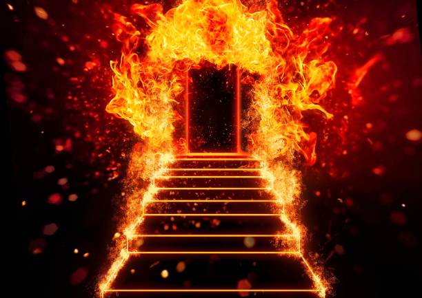 Stairs leading to an abstract door wrapped in flames Stairs leading to an abstract door wrapped in flames hell photos stock pictures, royalty-free photos & images