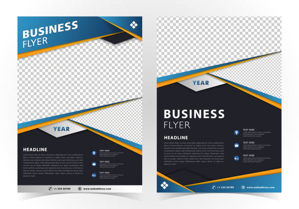 Flyer brochure design for A4 size business cover template with Two Photo Space Flyer Design or brochure design modern layout, annual report, poster for A4 size abstract vector business cover template with Two Photo Space of Yellow, Blue and Black color. two objects photos stock illustrations