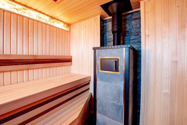 istock Wooden sauna with modern lighting 1268650391