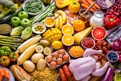 Top view of various kinds of food types arranged in a rainbow gradient background. The composition includes fruits like apple, orange, grape, grapefruit, mango, tomatoes, banana, bell pepper and pumpkin, vegetables like broccoli, spinach, asparagus, onions, potatoes, cabbage, and lettuce, dairy products like cheese, milk and eggs, fishes like sardine and salmon, legumes like mung beans, and red lentils, and some corncob, chicken meat, sausages, bread, honey, pasta, and berries. Studio shot taken with Canon EOS 6D Mark II and Canon EF 24-105 mm f/4L