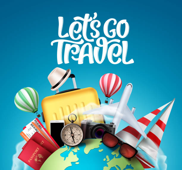 istock Let's go travel vector banner design. Travel and tour elements in blue globe background 1268650777