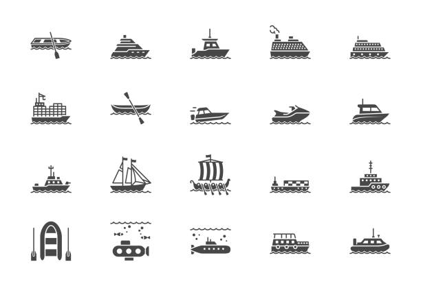 statek, ikony sylwetki łodzi. ilustracja wektorowa zawierała ikonę jak jacht, rejs, wysyłka ładunków, łódź podwodna, prom, kajak, szkuner czarny piktogram do transportu wodnego - holownik stock illustrations