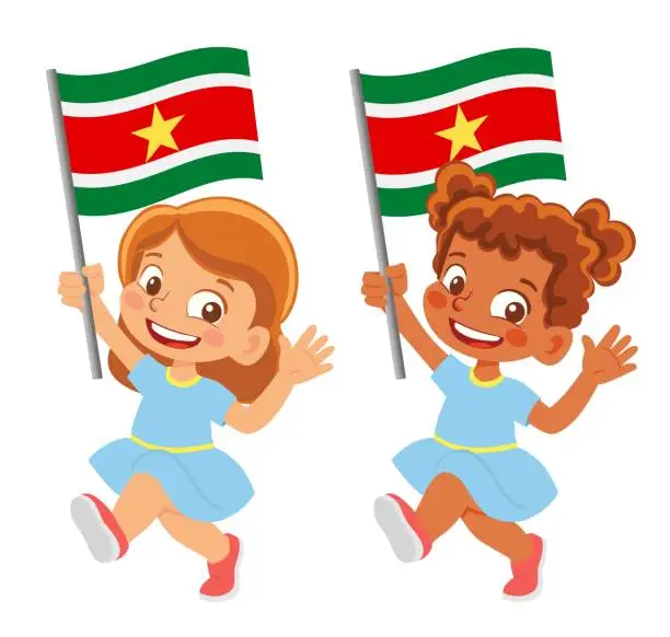 Vector illustration of Child holding Suriname flag