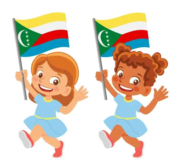 Vector illustration of Child holding Comoros flag