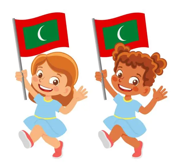 Vector illustration of Child holding Maldives flag