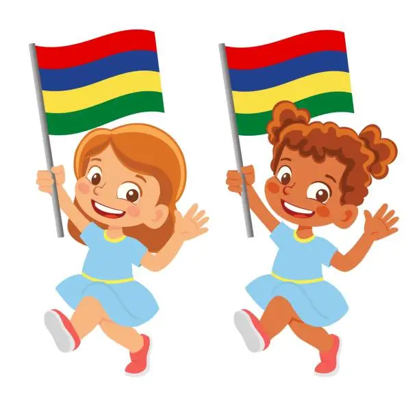 Vector illustration of Child holding Mauritius flag