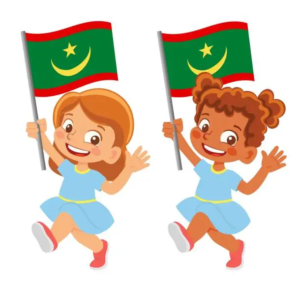 Vector illustration of Child holding Mauritania flag