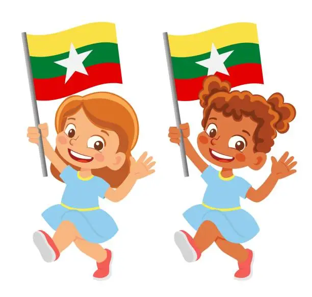 Vector illustration of Child holding Myanmar flag