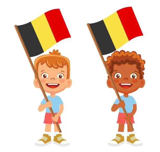 Vector illustration of Child holding Belgium flag