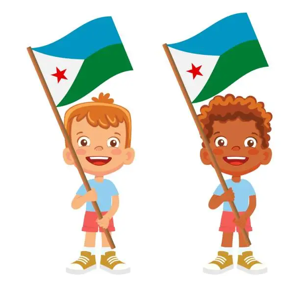 Vector illustration of Child holding Djibouti flag
