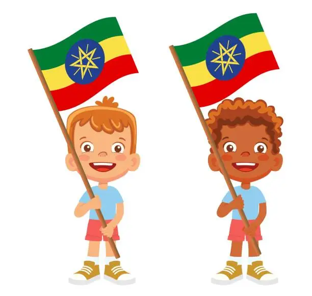 Vector illustration of Child holding Ethiopia flag