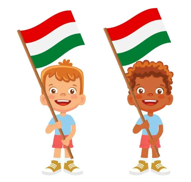 Vector illustration of Child holding Hungary flag