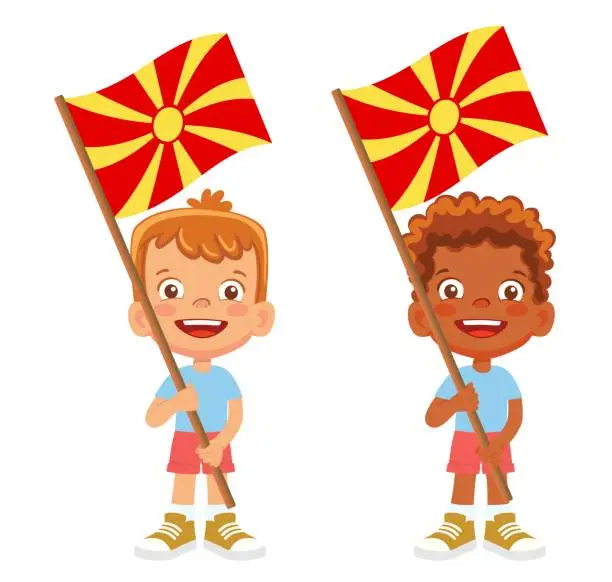 Vector illustration of Child holding Macedonia flag