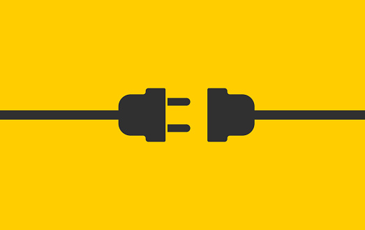 Electric wire Plug and Socket unplugged icon symbol. Internet connection error 404 logo sign. Vector illustration image. Isolated on yellow background.