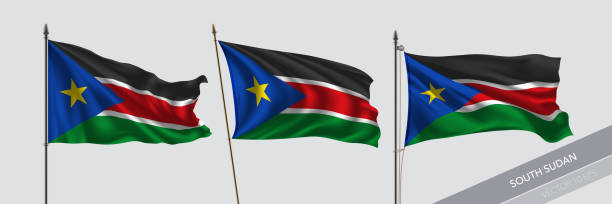 ilustrações, clipart, desenhos animados e ícones de conjunto de bandeira do sudão do sul acenando em ilustração isolada do vetor de fundo - republic of the sudan
