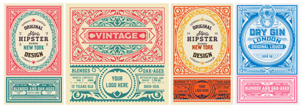 Set of 4 vintage labels for packing Set of 4 vintage labels for packing gin label stock illustrations