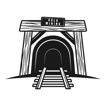 Tunnel with railway or entrance in mine shaft vector object, design element in vintage monochrome style isolated on white background