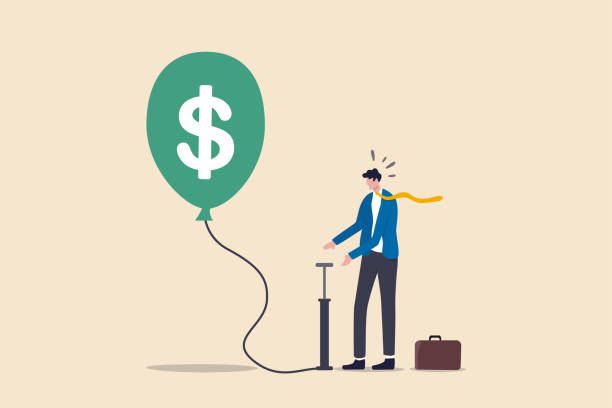 ilustrações de stock, clip art, desenhos animados e ícones de investment bubble causing financial crisis, overvalued stock market or money inflation concept, businessman investor pumping air into big floating balloon with us dollar money sign ready to burst. - inflating