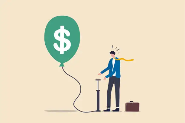 Vector illustration of Investment bubble causing financial crisis, overvalued stock market or money inflation concept, businessman investor pumping air into big floating balloon with US Dollar money sign ready to burst.