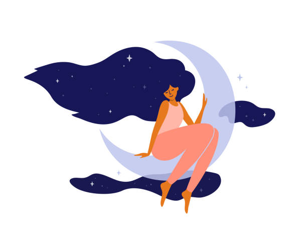 Slow life and selfcare concept with happy woman with long hair sitting on moon Cute girl with long hair sitting on moon. Happy woman dreaming in night sky and stars. Wellbeing, self and body care, slow life. Healthy sleep concept. Modern witch, crescent moon vector illustration sleeping illustrations stock illustrations