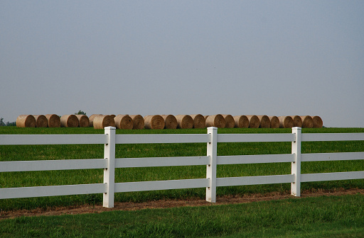 Rural landscape with hayrolls and white fence near Rolla, Missouri, USA.