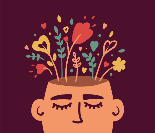 Mental health or psychology concept with flowering human head Mental health, psychology vector concept. Human head with flowers inside. Positive thinking, self care, healthy slow life. Wellbeing, wellness mind. Acceptance, blooming brain abstract illustration mental health stock illustrations