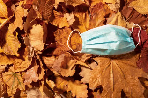 Medical mask. Autumn dry leaves. Top view photo.