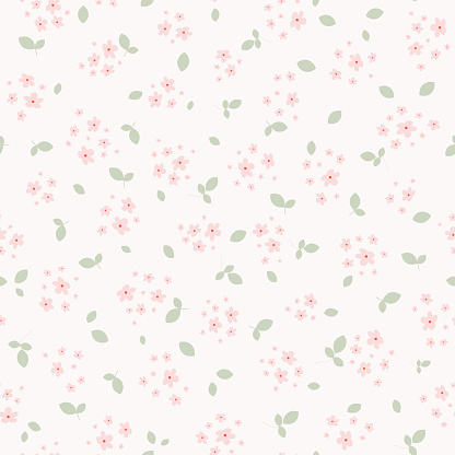 Vector seamless pattern with small pink pretty flowers and green leaves on white backdrop. Liberty style millefleurs. Simple floral background. Elegant ditsy ornament. Cute repeat design for decor
