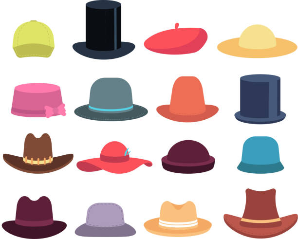 illustrations, cliparts, dessins animés et icônes de chapeaux de dessin animé. couvre-chef mâle et femelle. modèles décontractés de chapeau et de chapeau, ensemble isolé de vecteur de coiffure - chapeau