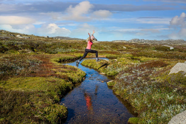 kobieta biegać wolny skoki mały meandrujący potok w wysoki kraj - high country zdjęcia i obrazy z banku zdjęć