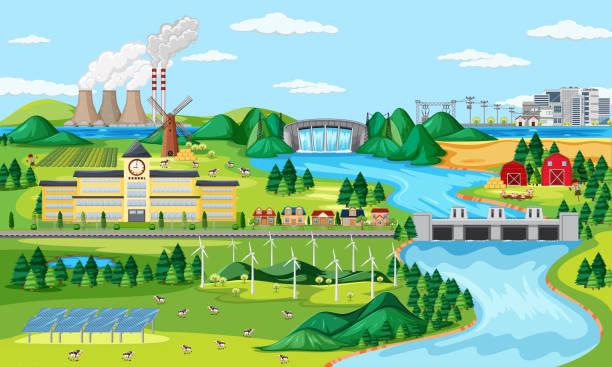 Manufactory and wind turbine and long river scene Manufactory and wind turbine and long river scene illustration hometown stock illustrations
