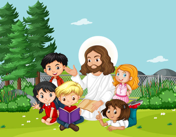 ilustrações de stock, clip art, desenhos animados e ícones de jesus with children in the park - boyhood