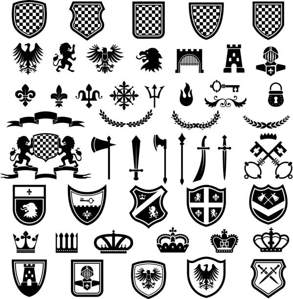 ilustraciones, imágenes clip art, dibujos animados e iconos de stock de insignias medievales. colección de emblemas heráldicos con siluetas de cintas de armas caballero leones coronas espadas conjunto vectorial - crown symbol nobility vector