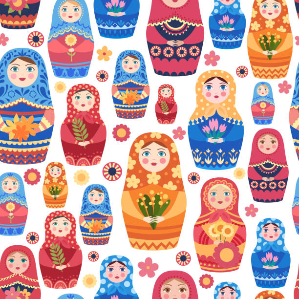 러시아어 인형 패턴. 여성 장난감 벡터 매끄러운 배경에 정통 러시아어 꽃 장식 직물 디자인 - russian culture traditional culture souvenir folk music stock illustrations