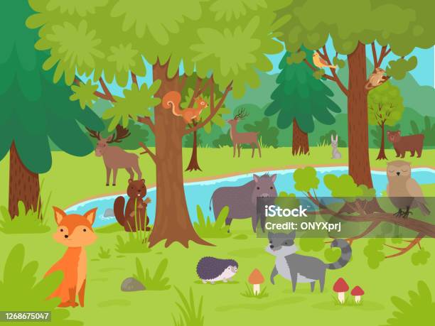 Animals In Forest Background Wild Cute Happy Animals Living And Playing In  Forest Glade With Big Trees Vector Illustrations Stock Illustration -  Download Image Now - iStock