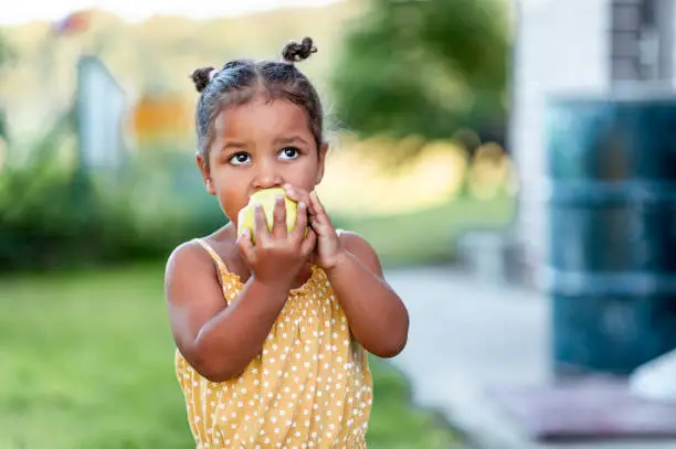 Photo of Portrait of cute little girl eating apple outdoors