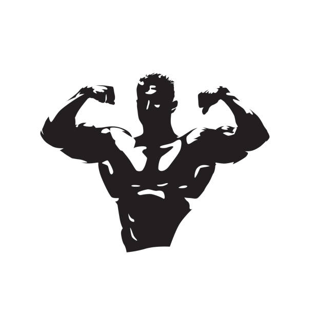 Bodybuilder logo gym, abstract isolated vector silhouette. Man with big muscles posing Bodybuilder logo gym, abstract isolated vector silhouette. Man with big muscles posing gym silhouettes stock illustrations
