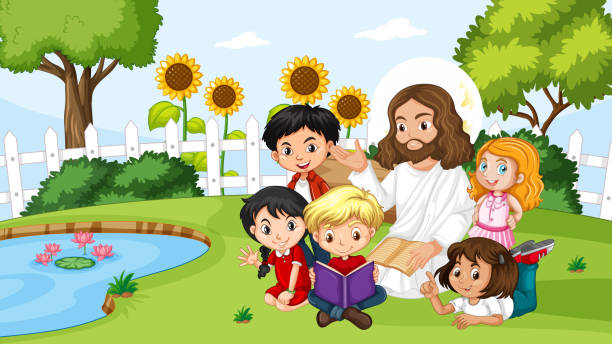 ilustraciones, imágenes clip art, dibujos animados e iconos de stock de jesús con niños en el parque - christ child