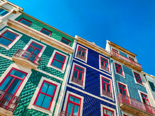 azulejo facades of porto, portugal - walking point of view imagens e fotografias de stock