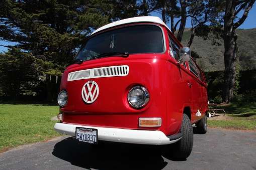 BIG SUR, UNITED STATES - APRIL 7, 2014: VW Transporter T2 parked in Big Sur, California. The famous mini bus was manufactured for almost 64 years in 1949-2013.