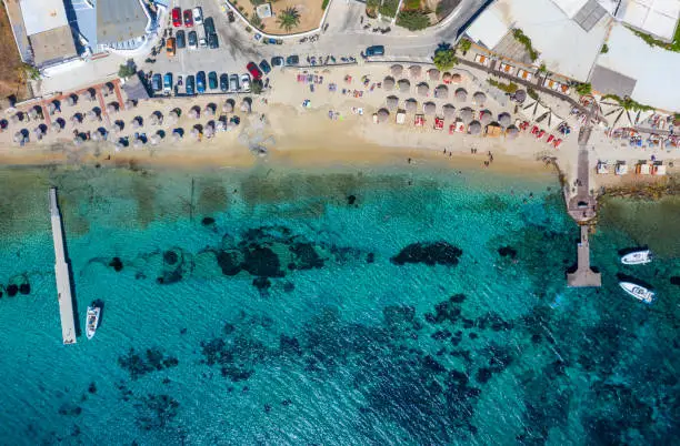Photo of Aerial top down view to the beach of Agios Ioannis of the Greek island of Mykonos